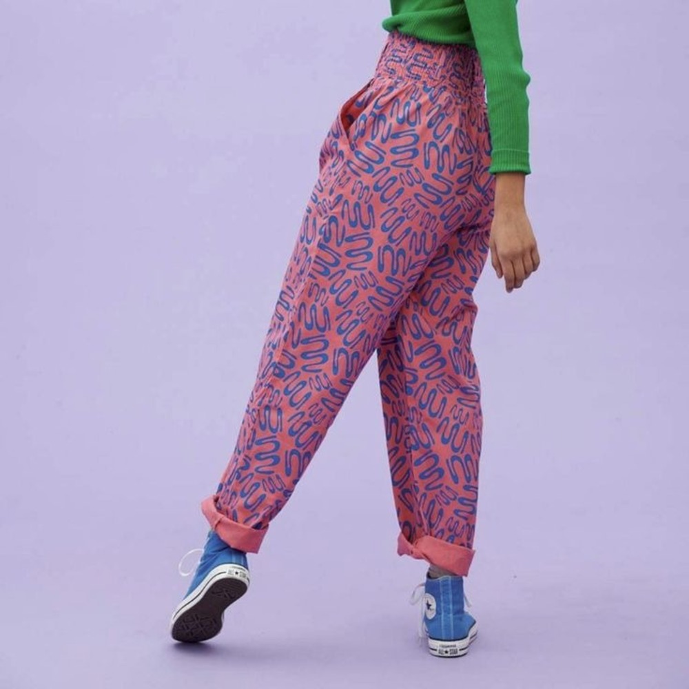 Lucy & Yak Kia Pants Rene Pink Cotton Abstract Smocked High Waist - XSmall